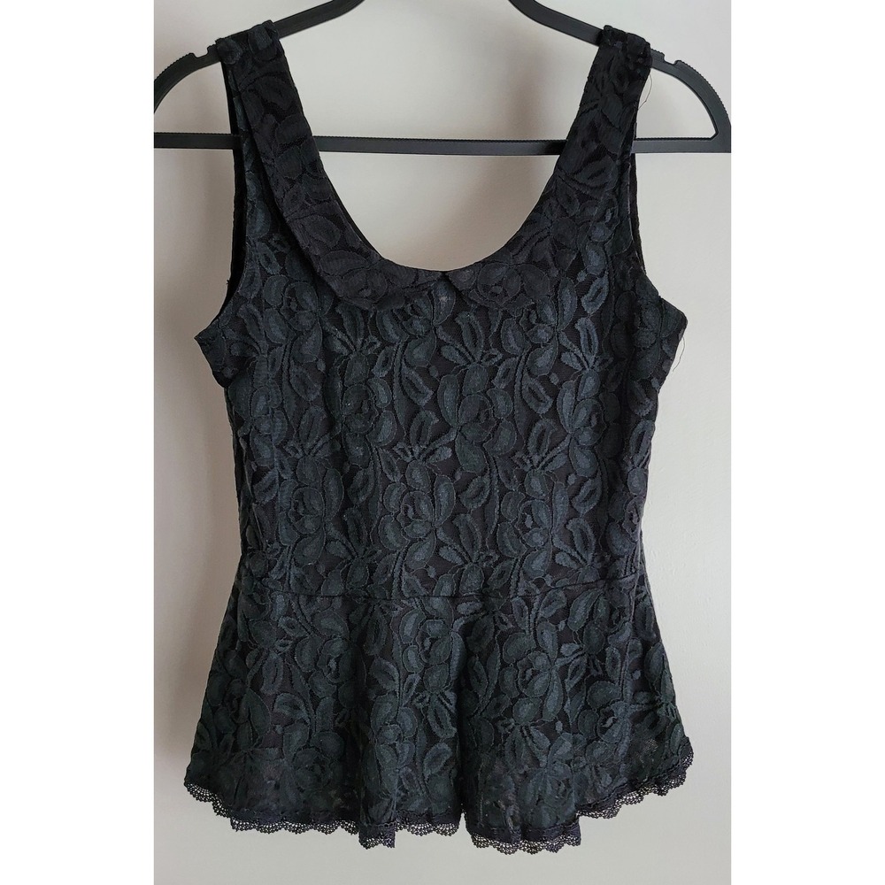 VTG Finesse Women Sleeveless Blouse Size L Black Floral Lace Top Peplum